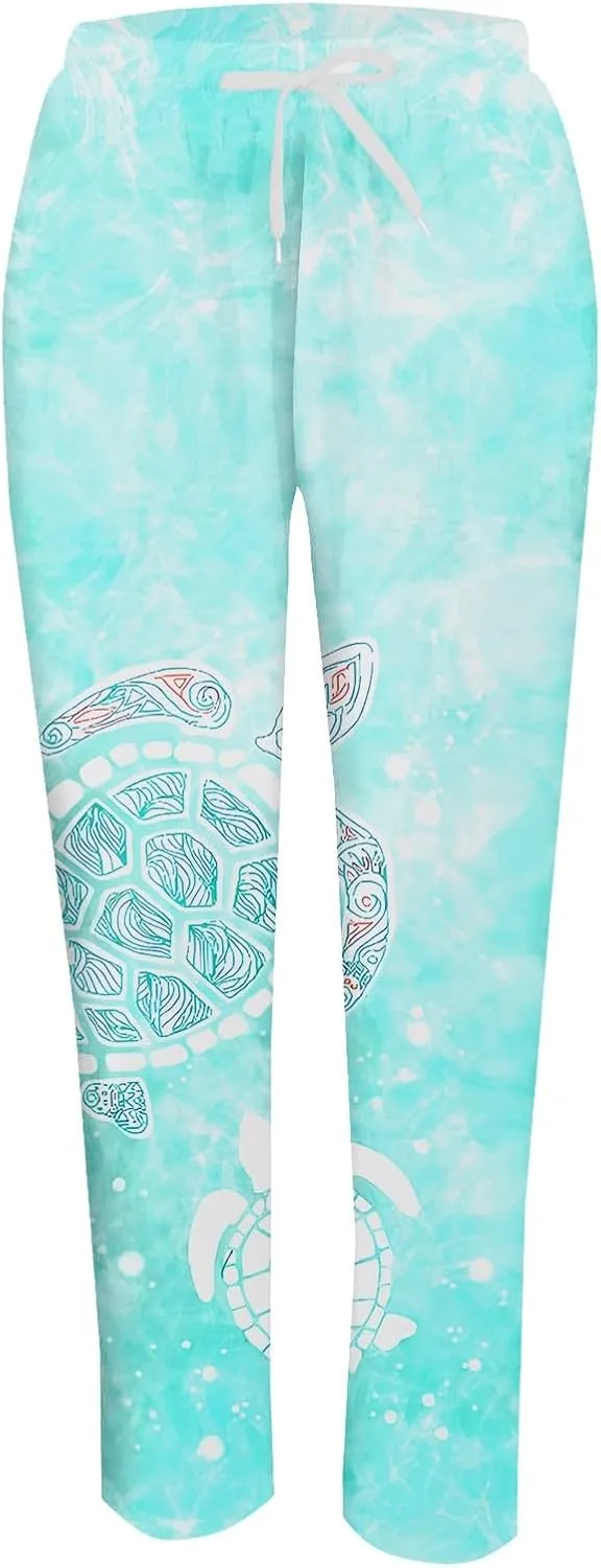 Women's Cotton Linen Pants Vintage Tropical Floral Print Elastic High Waist Drawstring Trousers Summer Beach Pants