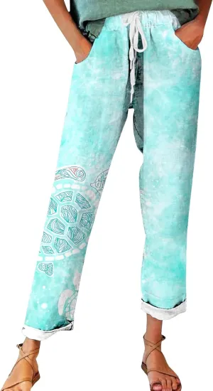 Women's Cotton Linen Pants Vintage Tropical Floral Print Elastic High Waist Drawstring Trousers Summer Beach Pants