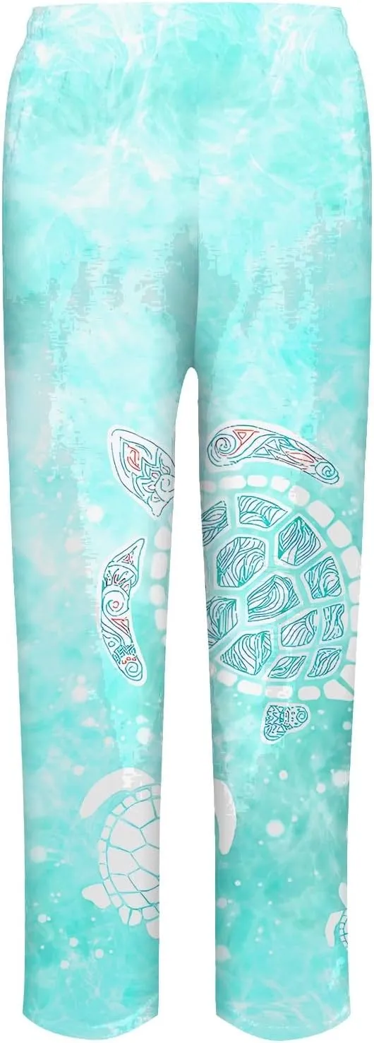 Women's Cotton Linen Pants Vintage Tropical Floral Print Elastic High Waist Drawstring Trousers Summer Beach Pants