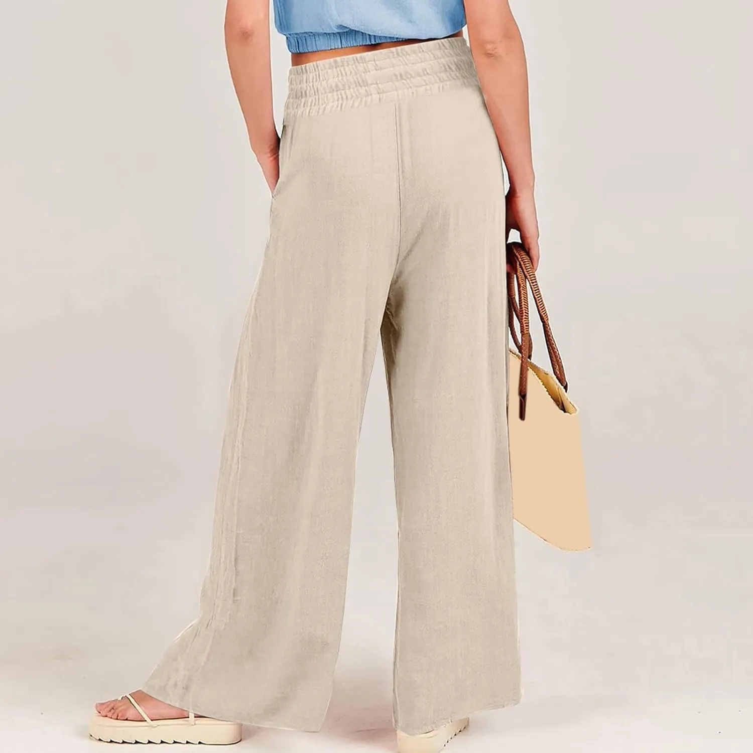 Women's Cotton Linen Summer Casual Palazzo Pants Elastic Waisted Wide Leg Plus Size Trousers Work Business
