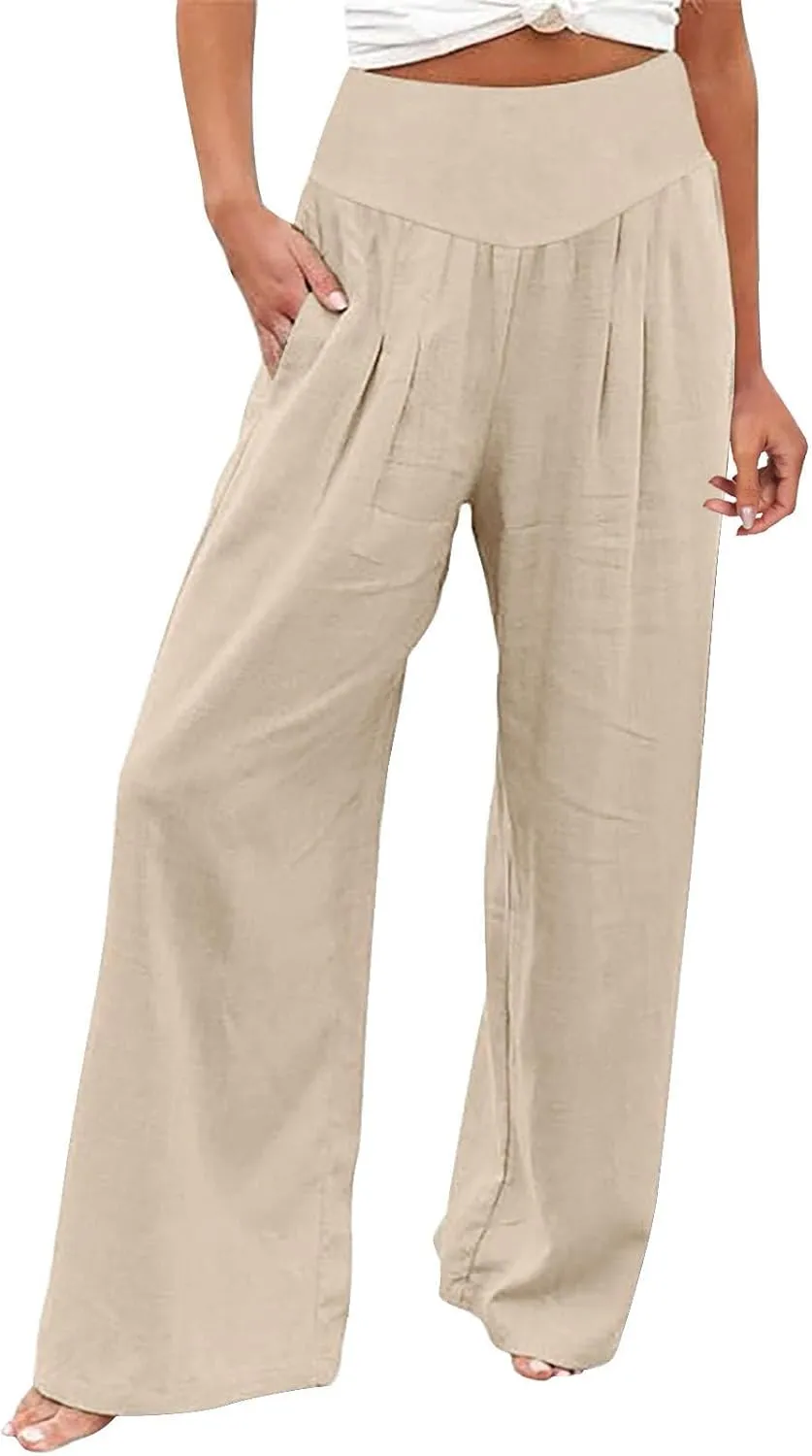 Women's Cotton Linen Summer Casual Palazzo Pants Elastic Waisted Wide Leg Plus Size Trousers Work Business