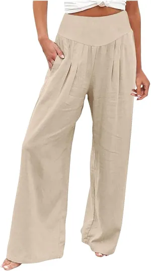 Women's Cotton Linen Summer Casual Palazzo Pants Elastic Waisted Wide Leg Plus Size Trousers Work Business