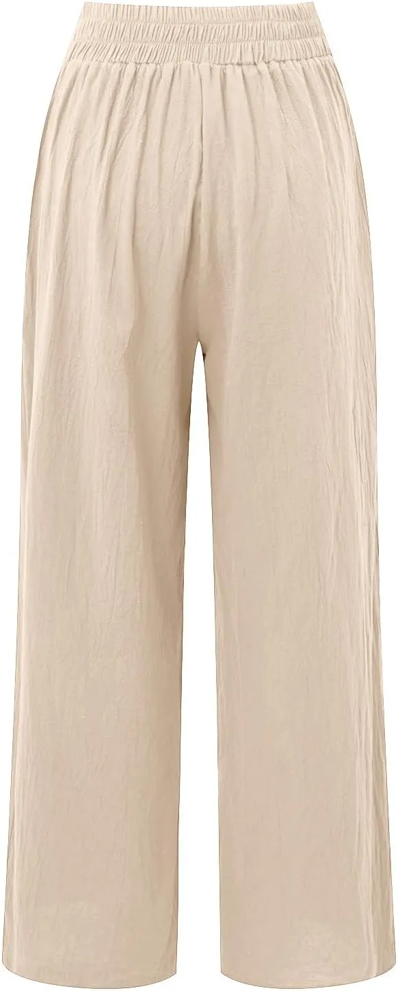 Women's Cotton Linen Summer Casual Palazzo Pants Elastic Waisted Wide Leg Plus Size Trousers Work Business