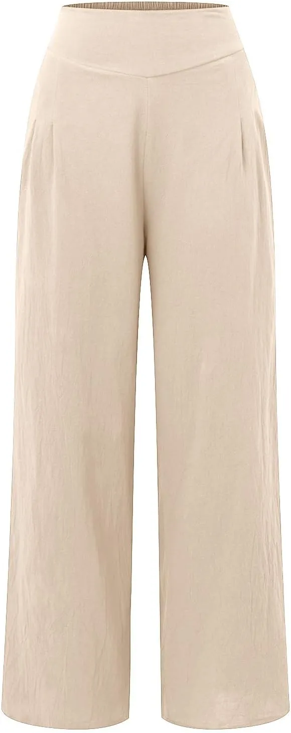 Women's Cotton Linen Summer Casual Palazzo Pants Elastic Waisted Wide Leg Plus Size Trousers Work Business