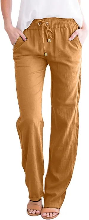 Women's Cotton Linen Summer Casual Pant Trousers Elastic Waist Baggy Stretchy Plus Size Pant Trousers Office