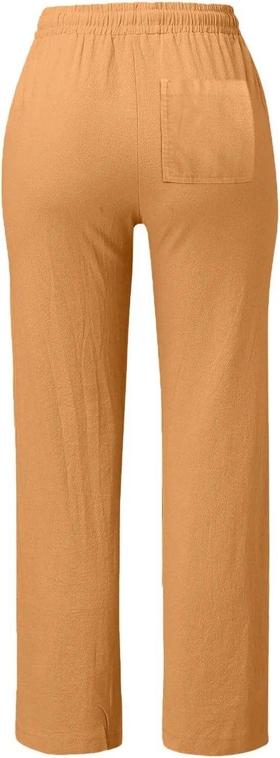 Women's Cotton Linen Summer Casual Pant Trousers Elastic Waist Baggy Stretchy Plus Size Pant Trousers Office