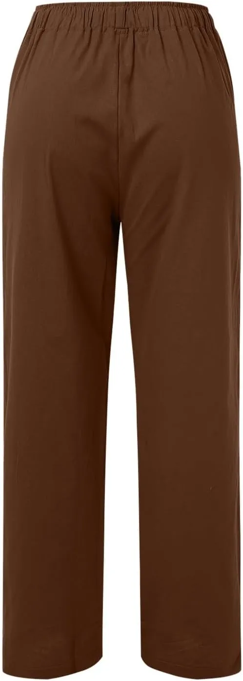 Women's Cotton Linen Summer Loose Palazzo Lounge Pants High Waist Straight Loose Fit Palazzo Pants Work Business