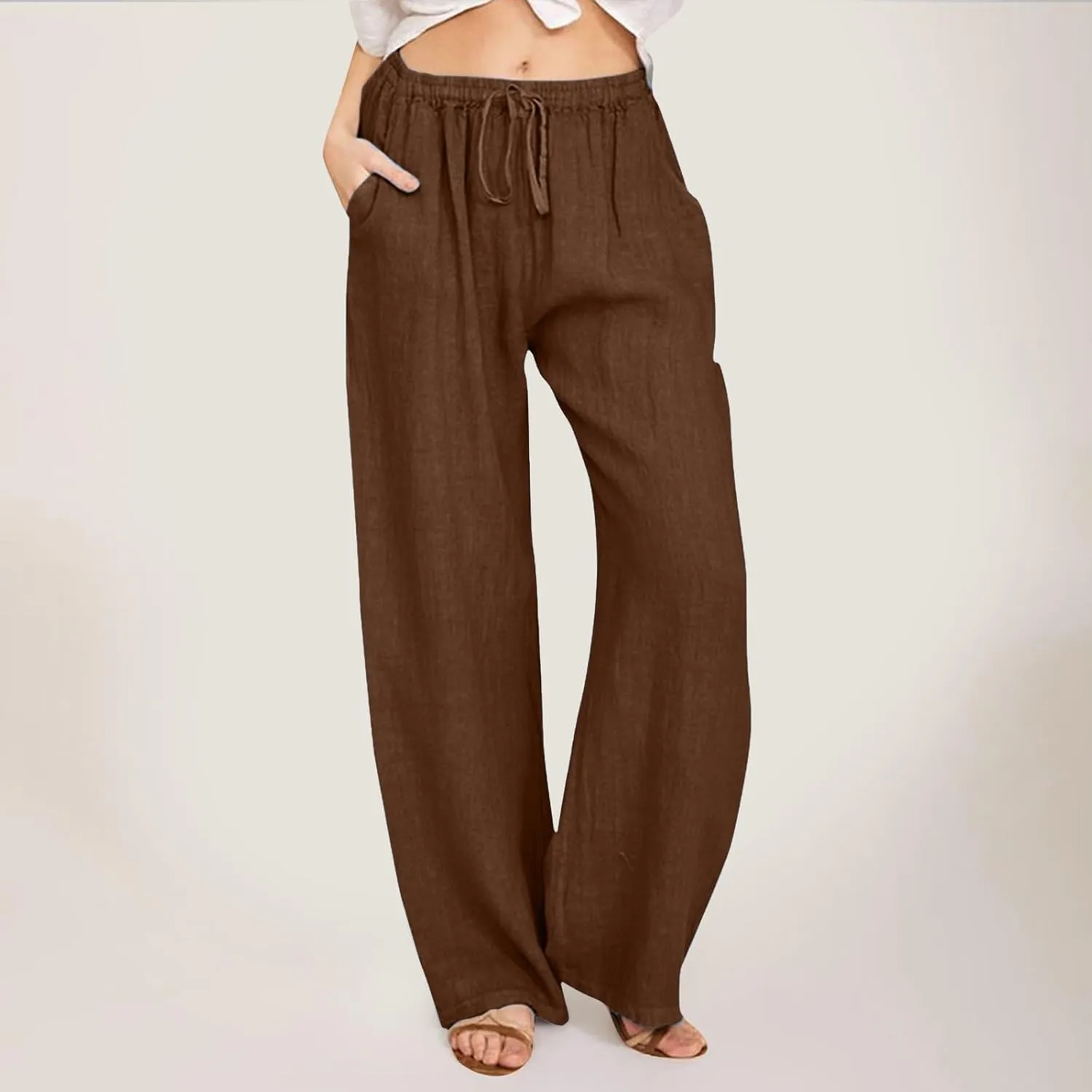Women's Cotton Linen Summer Loose Palazzo Lounge Pants High Waist Straight Loose Fit Palazzo Pants Work Business
