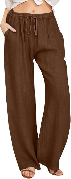 Women's Cotton Linen Summer Loose Palazzo Lounge Pants High Waist Straight Loose Fit Palazzo Pants Work Business