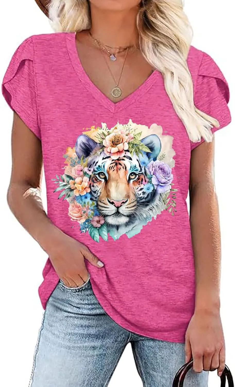 Womens Flamingo Print Tops Summer Sexy V Neck Petal Sleeve Casual Tee Tshirts S-3XL