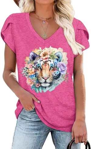 Womens Flamingo Print Tops Summer Sexy V Neck Petal Sleeve Casual Tee Tshirts S-3XL