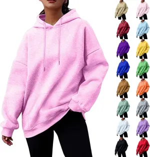 Womens Fleece Sweatshirt Pullover Tops Hooded Sweatshirt Sweaters Drawstring Fall Fashion Clothes 2023 with Pockets Oversized Sweatshirt for Women