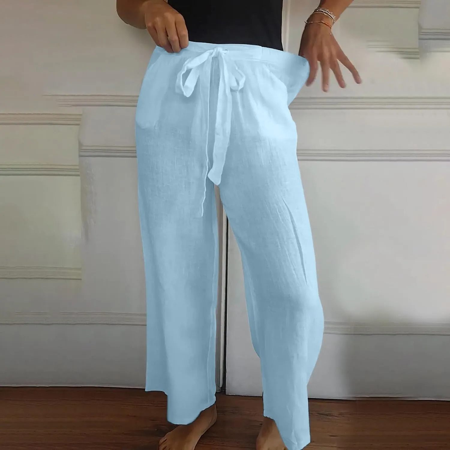 Womens Flowy Loose Wide Leg Linen Pant Summer Beach Casual Trousers high Waist Drawstring Business Work Palazzo Pants