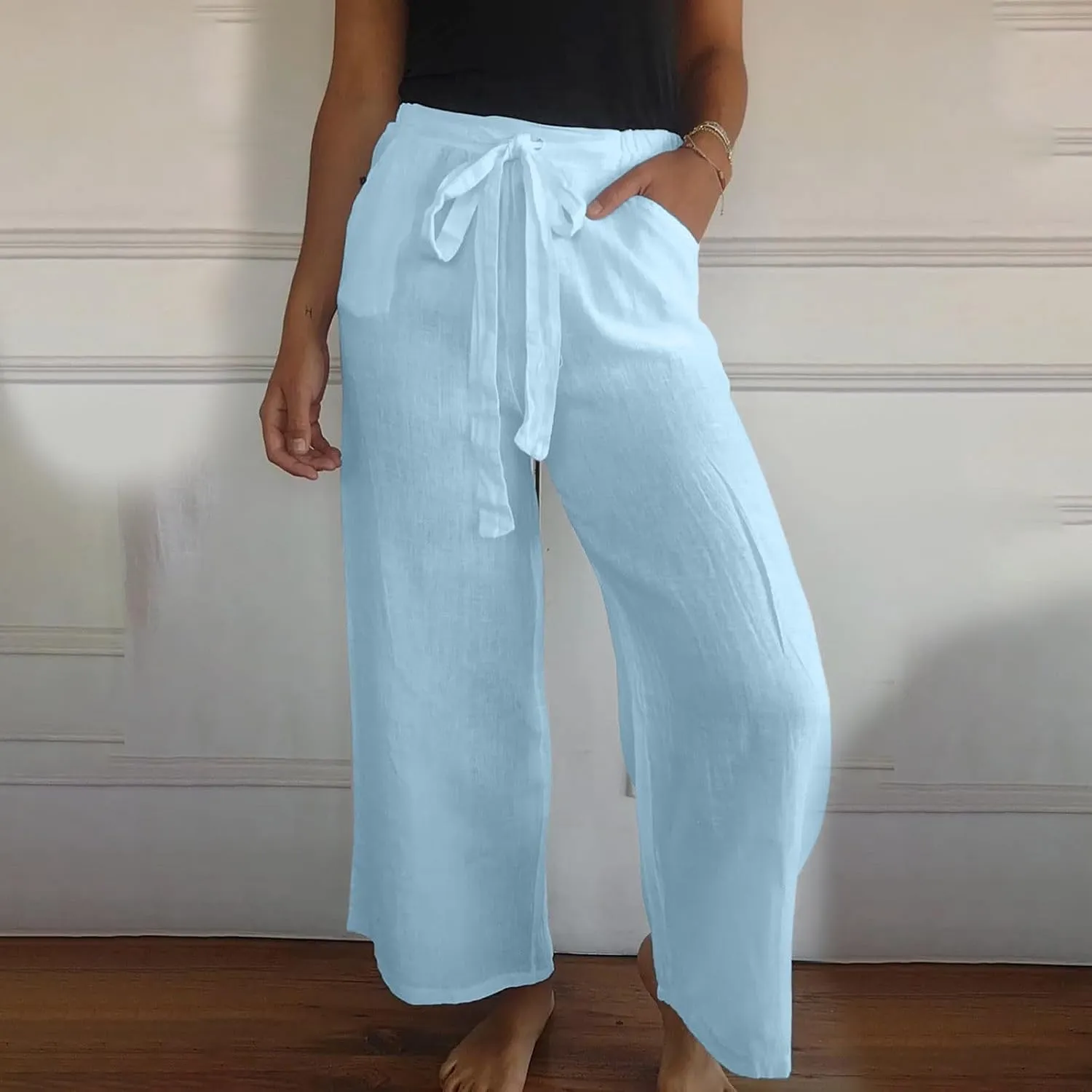 Womens Flowy Loose Wide Leg Linen Pant Summer Beach Casual Trousers high Waist Drawstring Business Work Palazzo Pants