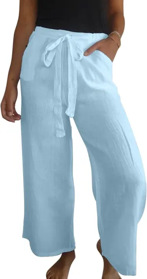 Womens Flowy Loose Wide Leg Linen Pant Summer Beach Casual Trousers high Waist Drawstring Business Work Palazzo Pants