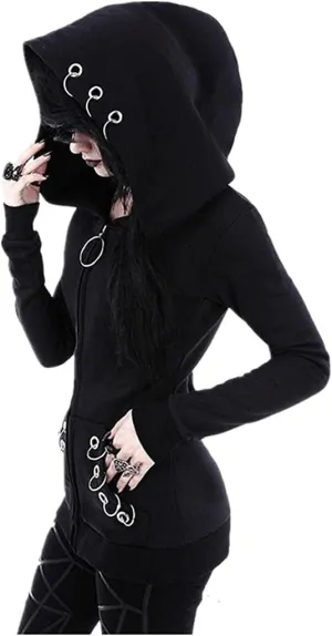 Women's Gothic Hoodie Jackets Punk Coats Goth Long Sleeve Hooded Sweatshirt Zip Up Cardigan Top Outwear