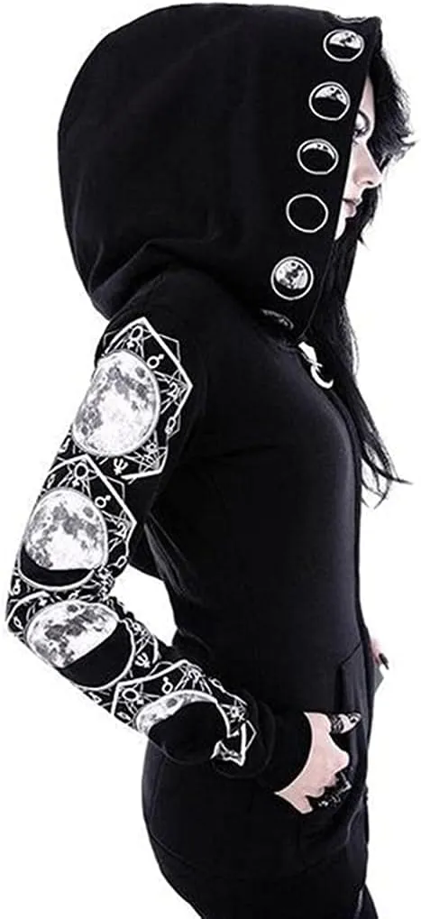 Women's Gothic Hoodie Jackets Punk Coats Goth Long Sleeve Hooded Sweatshirt Zip Up Cardigan Top Outwear