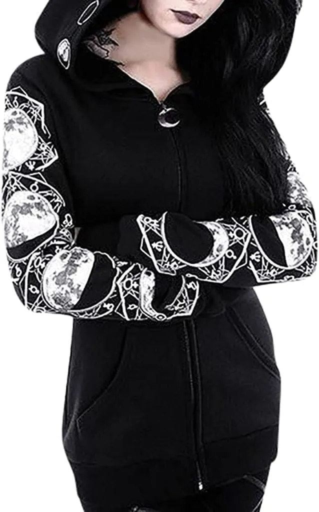 Women's Gothic Hoodie Jackets Punk Coats Goth Long Sleeve Hooded Sweatshirt Zip Up Cardigan Top Outwear