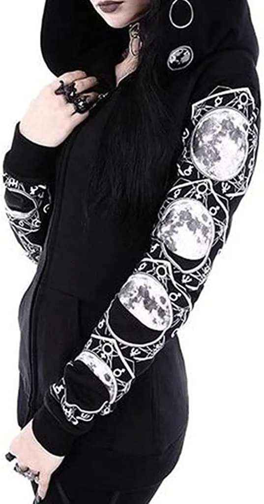Women's Gothic Hoodie Jackets Punk Coats Goth Long Sleeve Hooded Sweatshirt Zip Up Cardigan Top Outwear