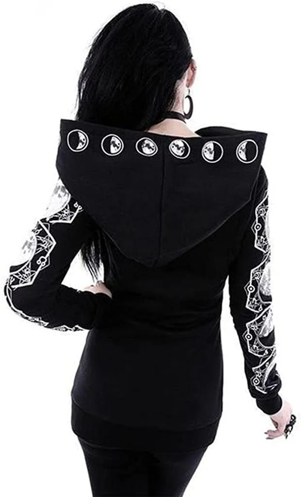 Women's Gothic Hoodie Jackets Punk Coats Goth Long Sleeve Hooded Sweatshirt Zip Up Cardigan Top Outwear
