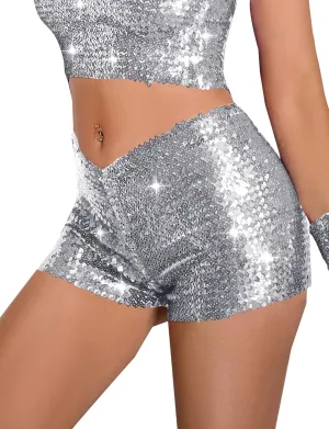 Women's High Elastic Waist Glitter Sequins Shorts Sparkly Straight Leg Party Shorts Metallic Hot Pants Club Party