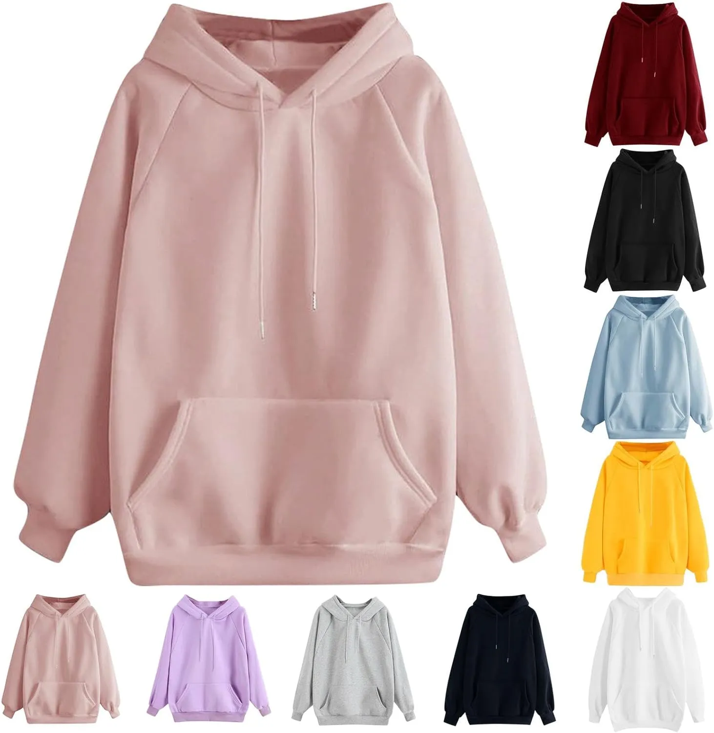 Women's Hoodies Casual Long Sleeve Pullover Tops Pocket Solid Oversized Fall Winter Lightweight Hooded Sweatshirts