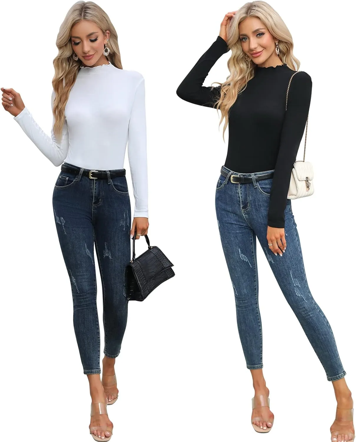 Women's Lettuce Trim Mock Neck Long Sleeve Slim Fit Sexy Ribbed Knit Tee Shirt Tops