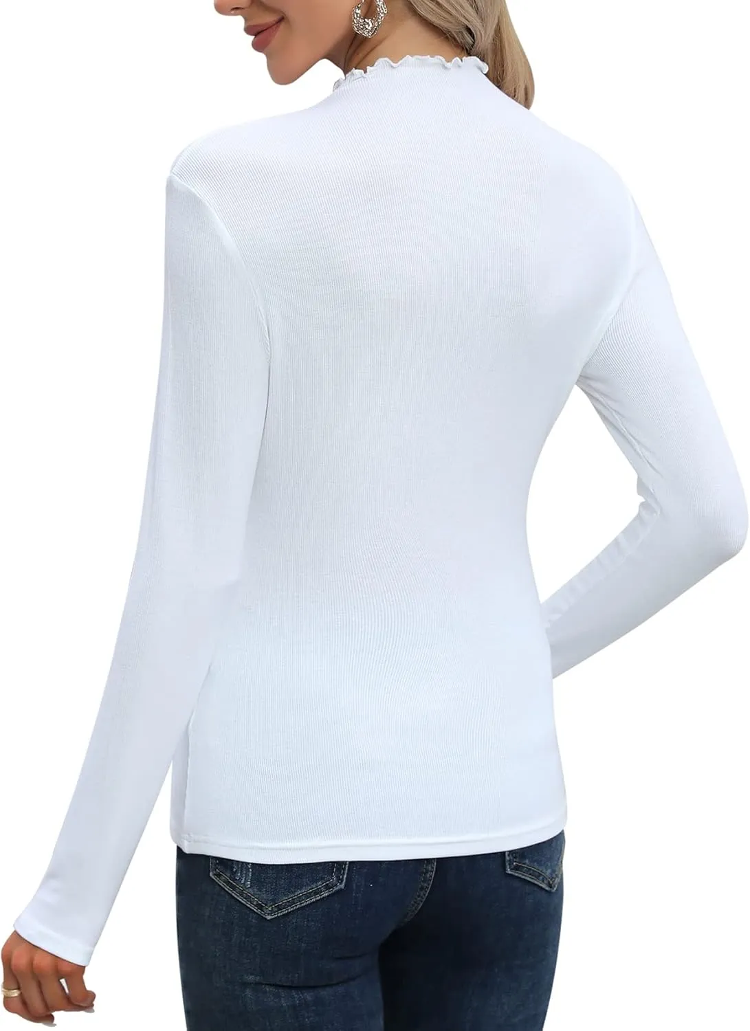 Women's Lettuce Trim Mock Neck Long Sleeve Slim Fit Sexy Ribbed Knit Tee Shirt Tops