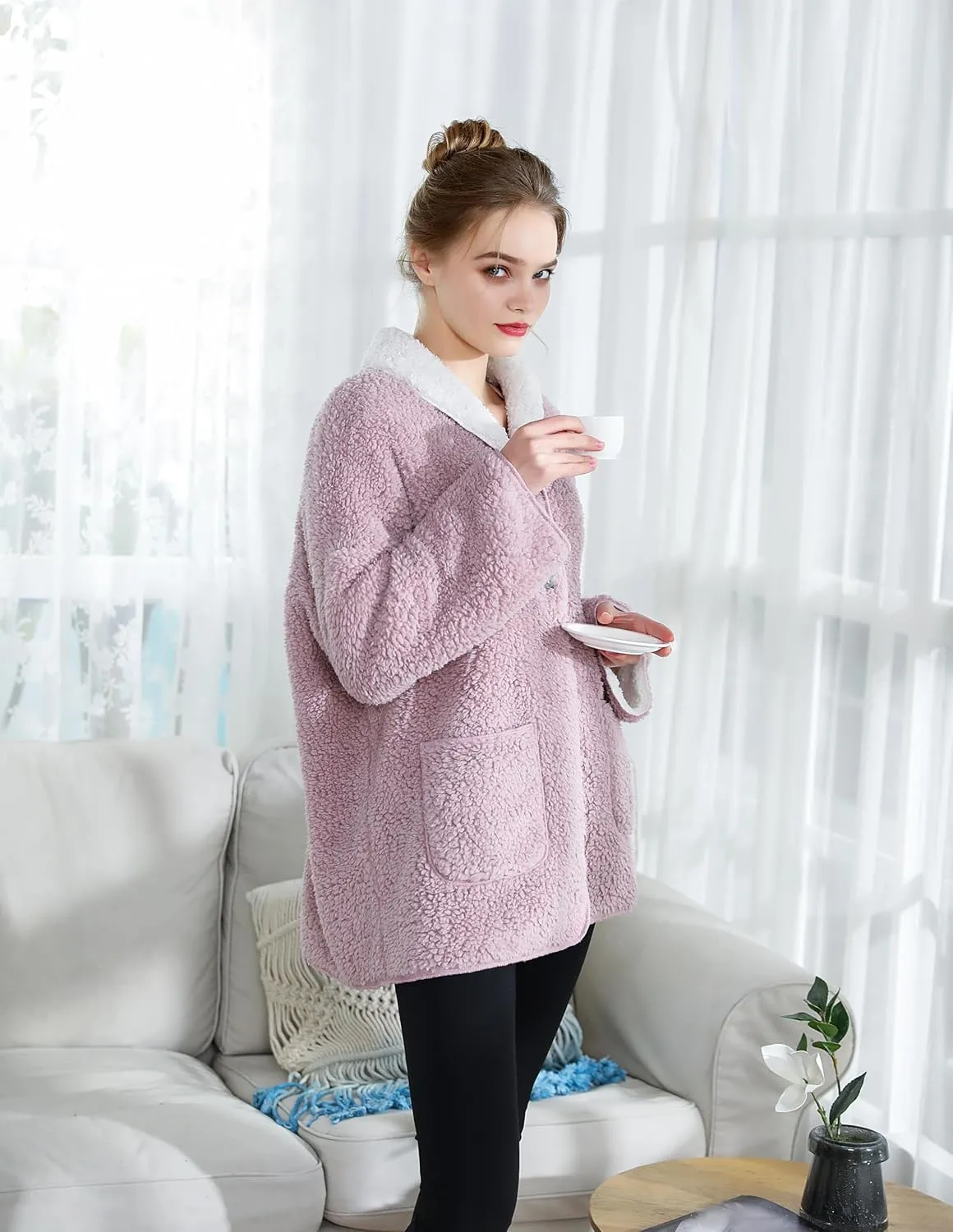 Women's Lilac/Ivory Sherpa Plush Reversible Button Front Bed Jacket