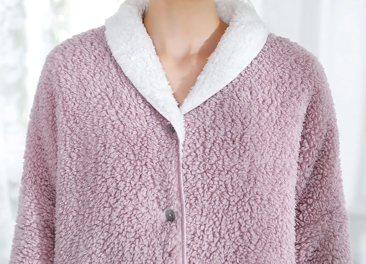 Women's Lilac/Ivory Sherpa Plush Reversible Button Front Bed Jacket