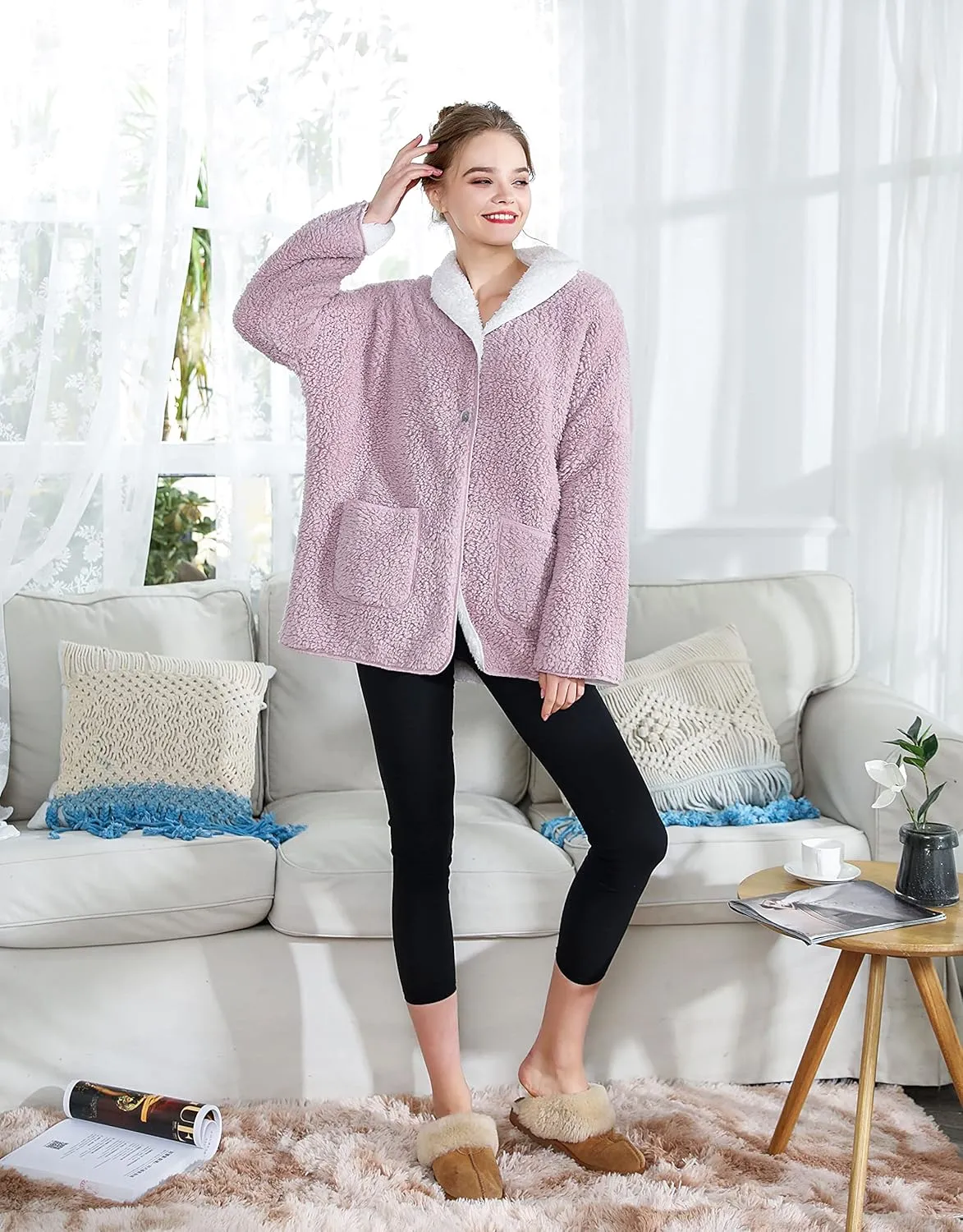 Women's Lilac/Ivory Sherpa Plush Reversible Button Front Bed Jacket
