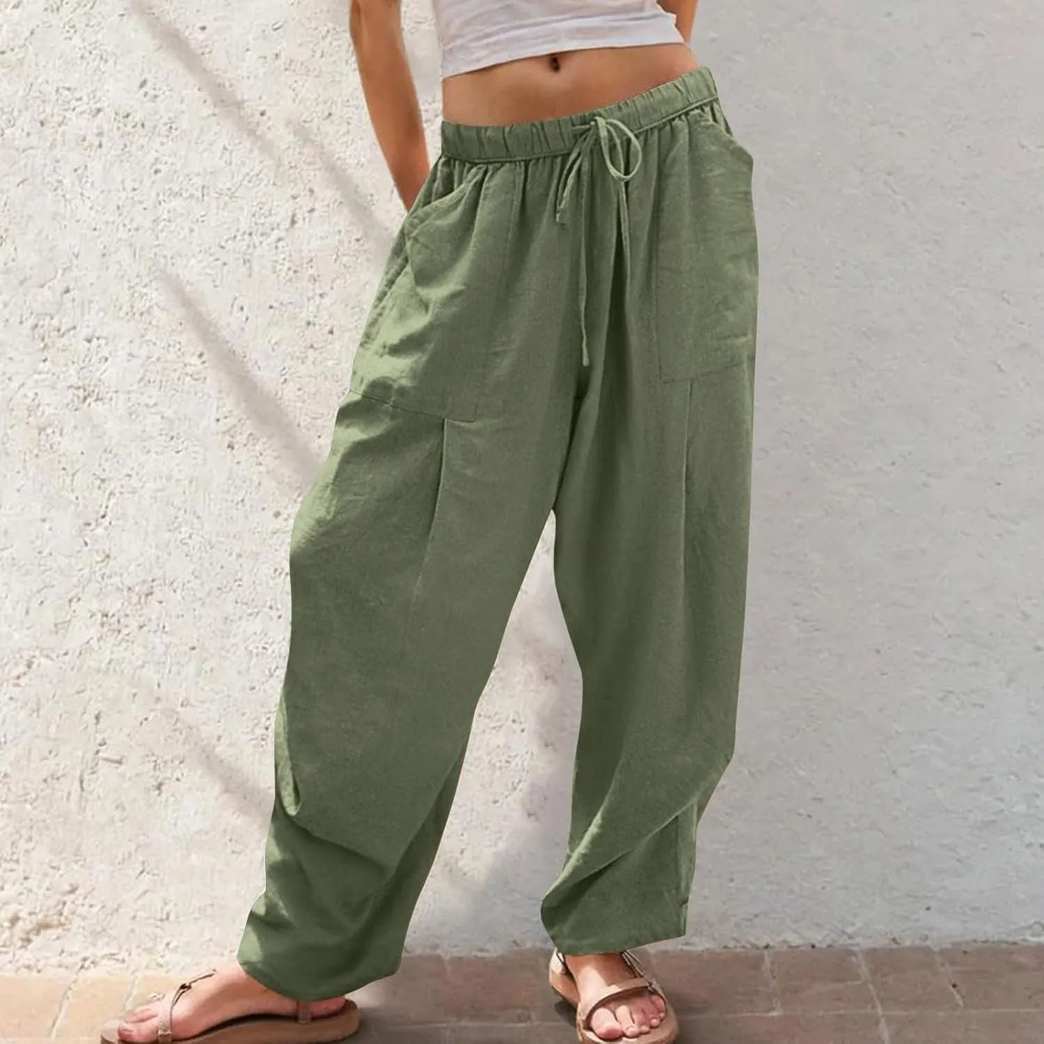 Womens Linen Baggy Harem Pants Summer Drawstring Casual Lounge Trouser 2025 Beach Travel Vacation Clothes with Pocket