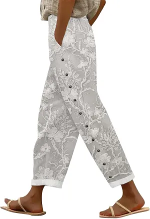 Womens Linen Capri Pants Elastic Waist Drawstring Petite Summer Beachwear Straight Leg Lounge Trousers with Pockets