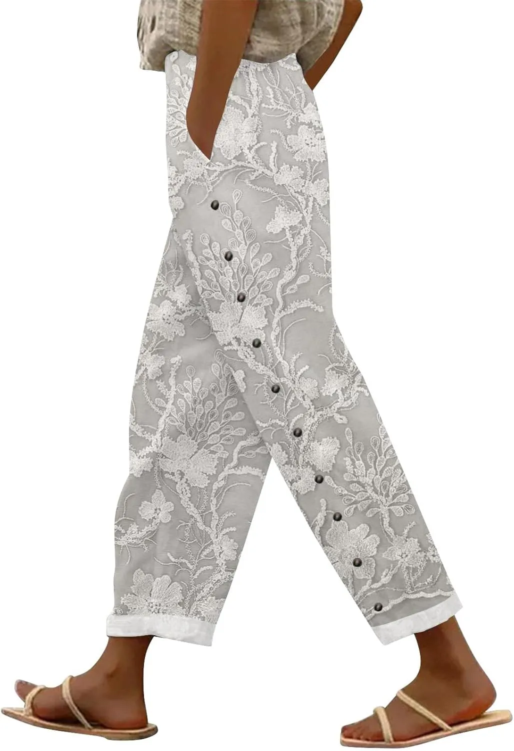 Womens Linen Capri Pants Elastic Waist Drawstring Petite Summer Beachwear Straight Leg Lounge Trousers with Pockets