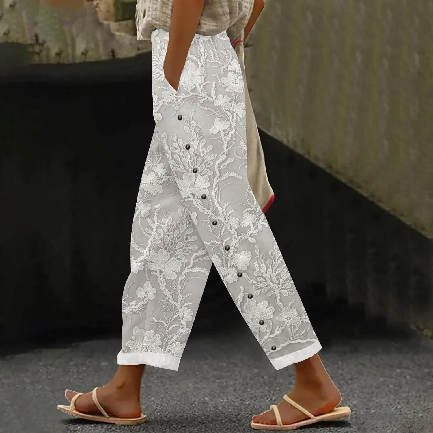 Womens Linen Capri Pants Elastic Waist Drawstring Petite Summer Beachwear Straight Leg Lounge Trousers with Pockets