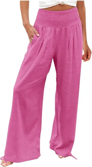 Womens Linen Pants 2025 Summer Casual Loose Wide Leg Palazzo Pants Smocked High Waist Flowy Beach Trousers