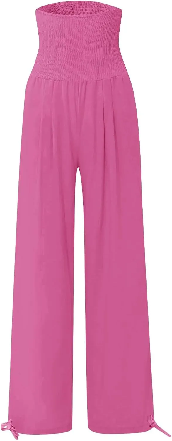 Womens Linen Pants 2025 Summer Casual Loose Wide Leg Palazzo Pants Smocked High Waist Flowy Beach Trousers