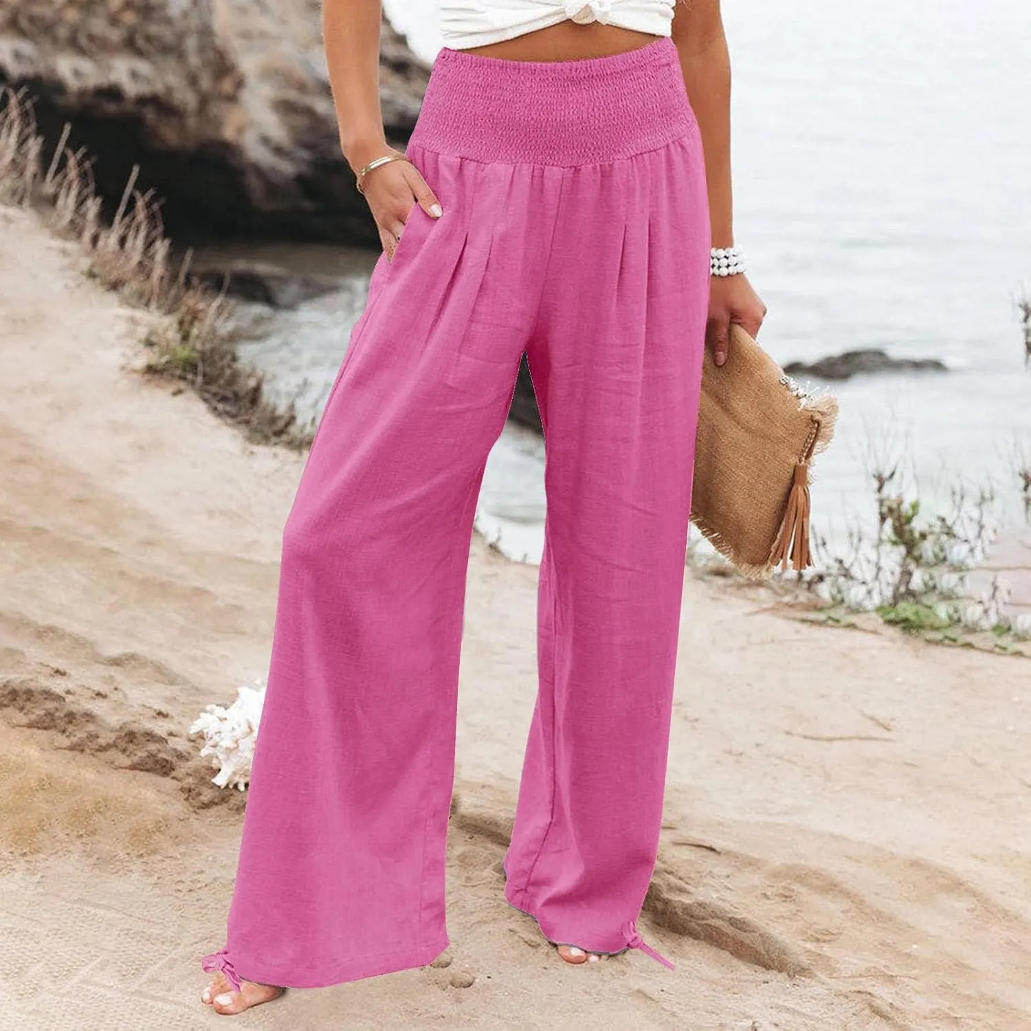 Womens Linen Pants 2025 Summer Casual Loose Wide Leg Palazzo Pants Smocked High Waist Flowy Beach Trousers