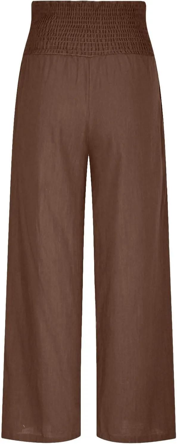 Womens Linen Pants Palazzo Summer Casual Wide Leg Trousers Elastic High Waist Loose Fit Beach Palazzo with Pockets