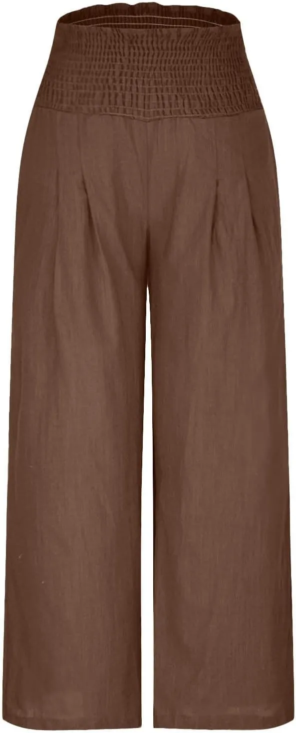 Womens Linen Pants Palazzo Summer Casual Wide Leg Trousers Elastic High Waist Loose Fit Beach Palazzo with Pockets