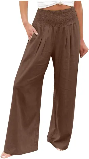 Womens Linen Pants Palazzo Summer Casual Wide Leg Trousers Elastic High Waist Loose Fit Beach Palazzo with Pockets