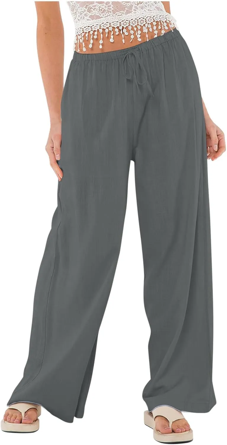 Womens Linen Pants Summer Wide Leg High Waist Flowy Palazzo Casual Loose Fit Lightweight Drawstring Beach Trousers