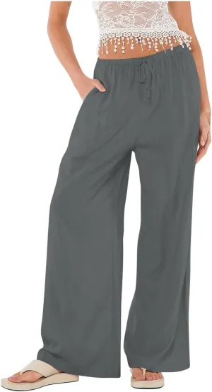 Womens Linen Pants Summer Wide Leg High Waist Flowy Palazzo Casual Loose Fit Lightweight Drawstring Beach Trousers