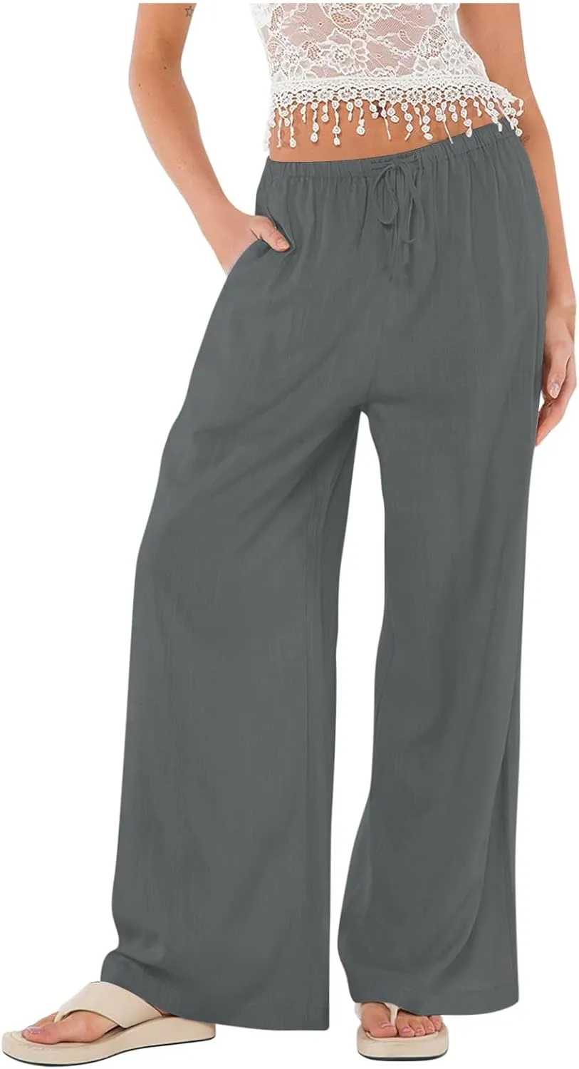 Womens Linen Pants Summer Wide Leg High Waist Flowy Palazzo Casual Loose Fit Lightweight Drawstring Beach Trousers