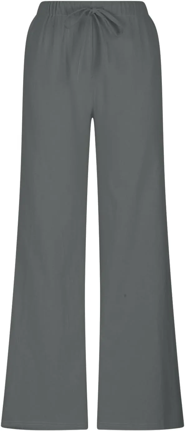Womens Linen Pants Summer Wide Leg High Waist Flowy Palazzo Casual Loose Fit Lightweight Drawstring Beach Trousers