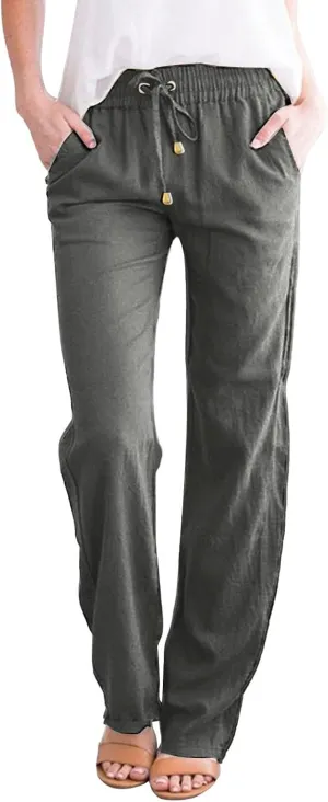Womens Linen Pants Wide Leg Crop Pants Casual Elastic Waisted Women's Summer Linen Pants Trousers with Pocket