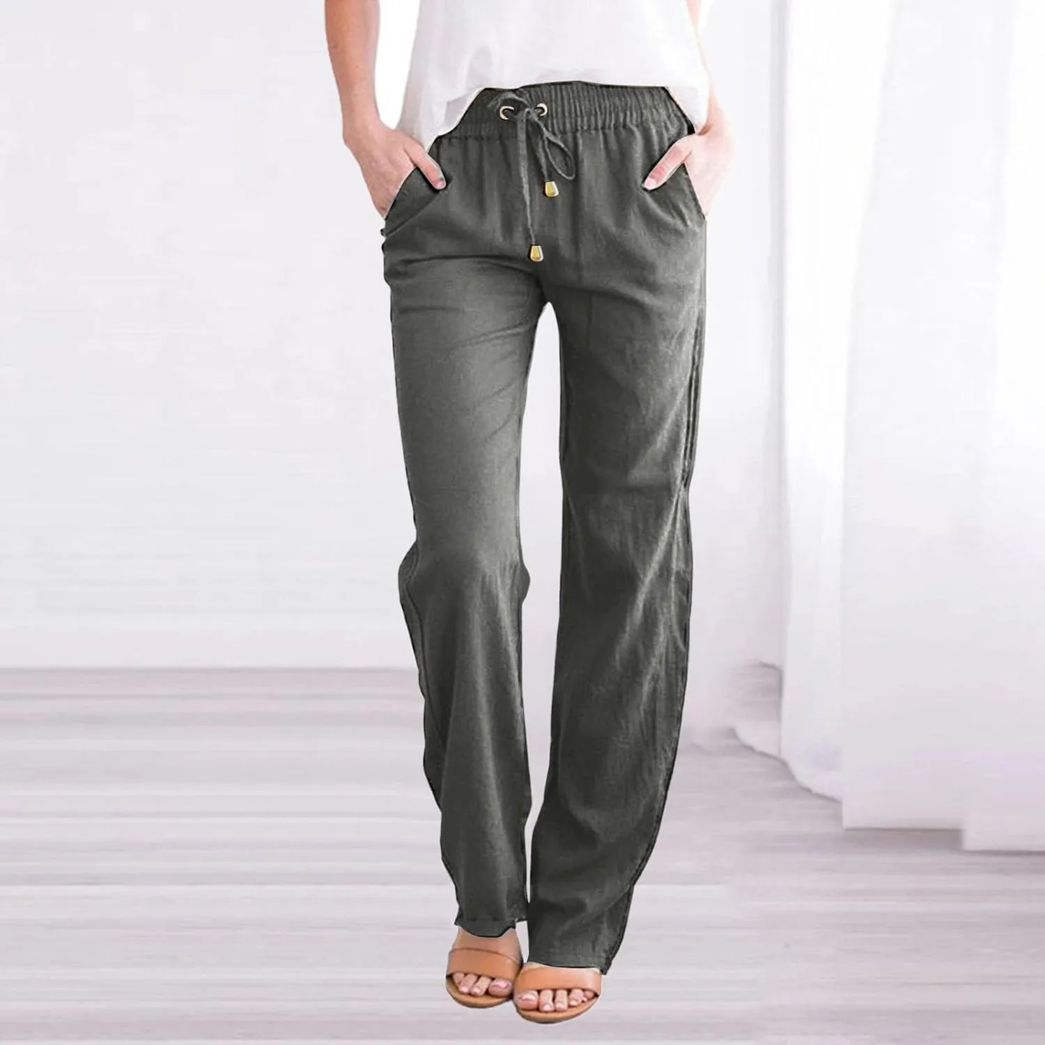Womens Linen Pants Wide Leg Crop Pants Casual Elastic Waisted Women's Summer Linen Pants Trousers with Pocket