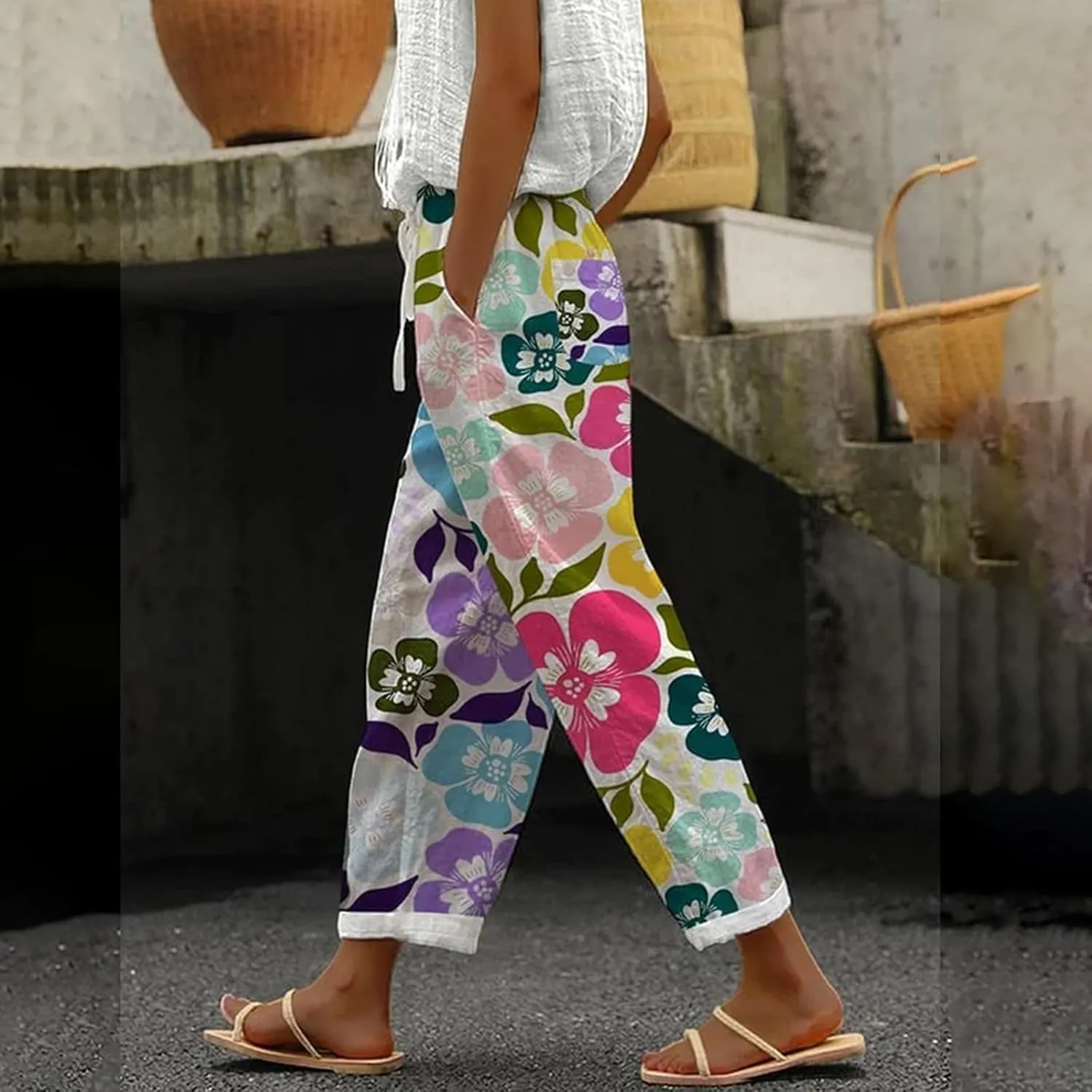 Womens Linen Pants Women 2025 Summer Elastic High Waist Split Hem Work Pants Lightweight Vacation Beach Trousers with Pockets