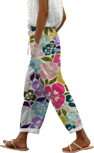 Womens Linen Pants Women 2025 Summer Elastic High Waist Split Hem Work Pants Lightweight Vacation Beach Trousers with Pockets