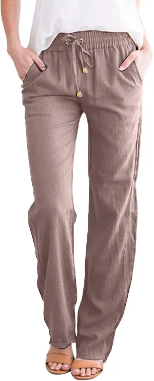 Women's Linen Pants Women's Relax Fit Linen Pants - Lightweight Summer Casual Trousers with Elastic Waist